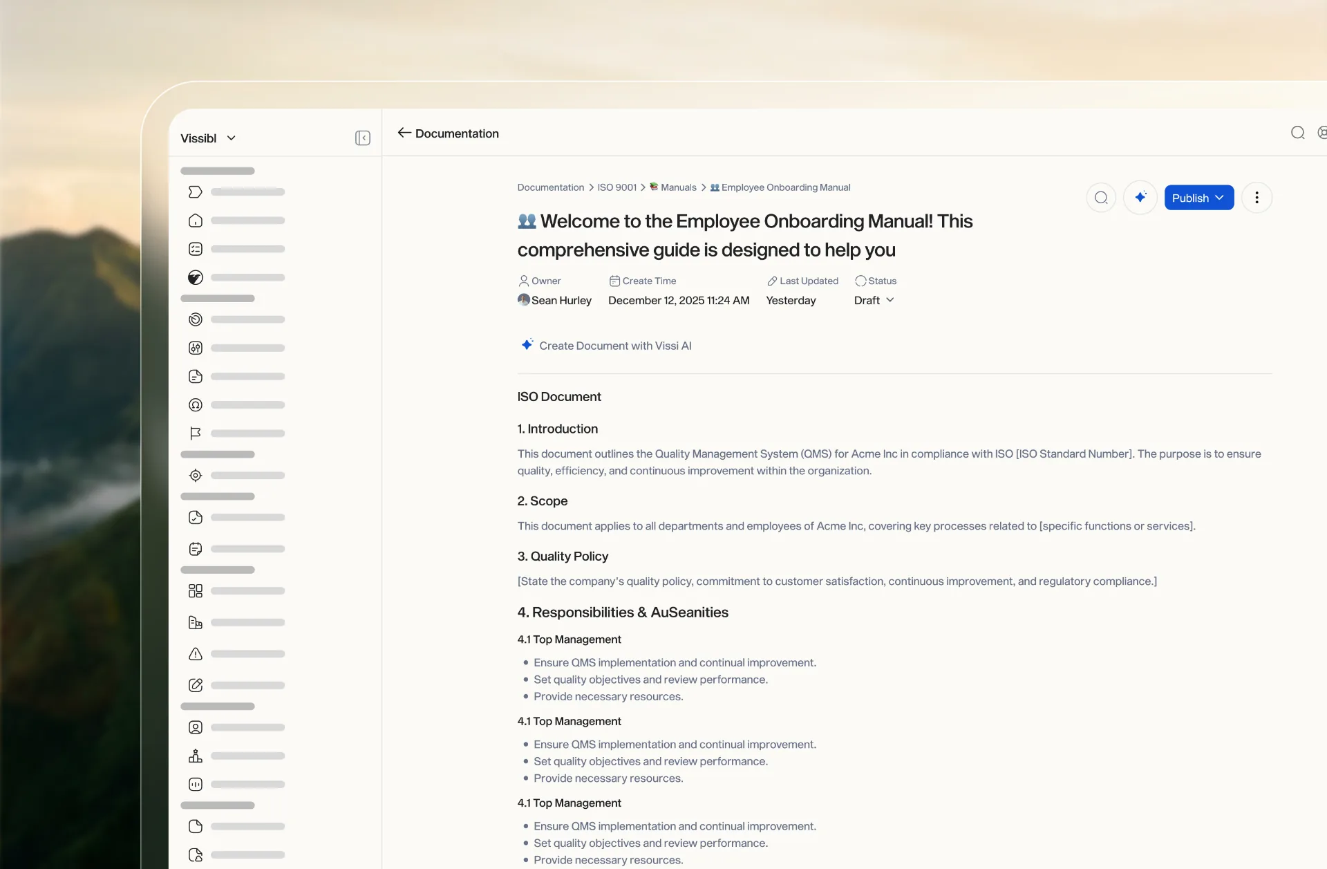 Vissibl document vault showing version-controlled policies