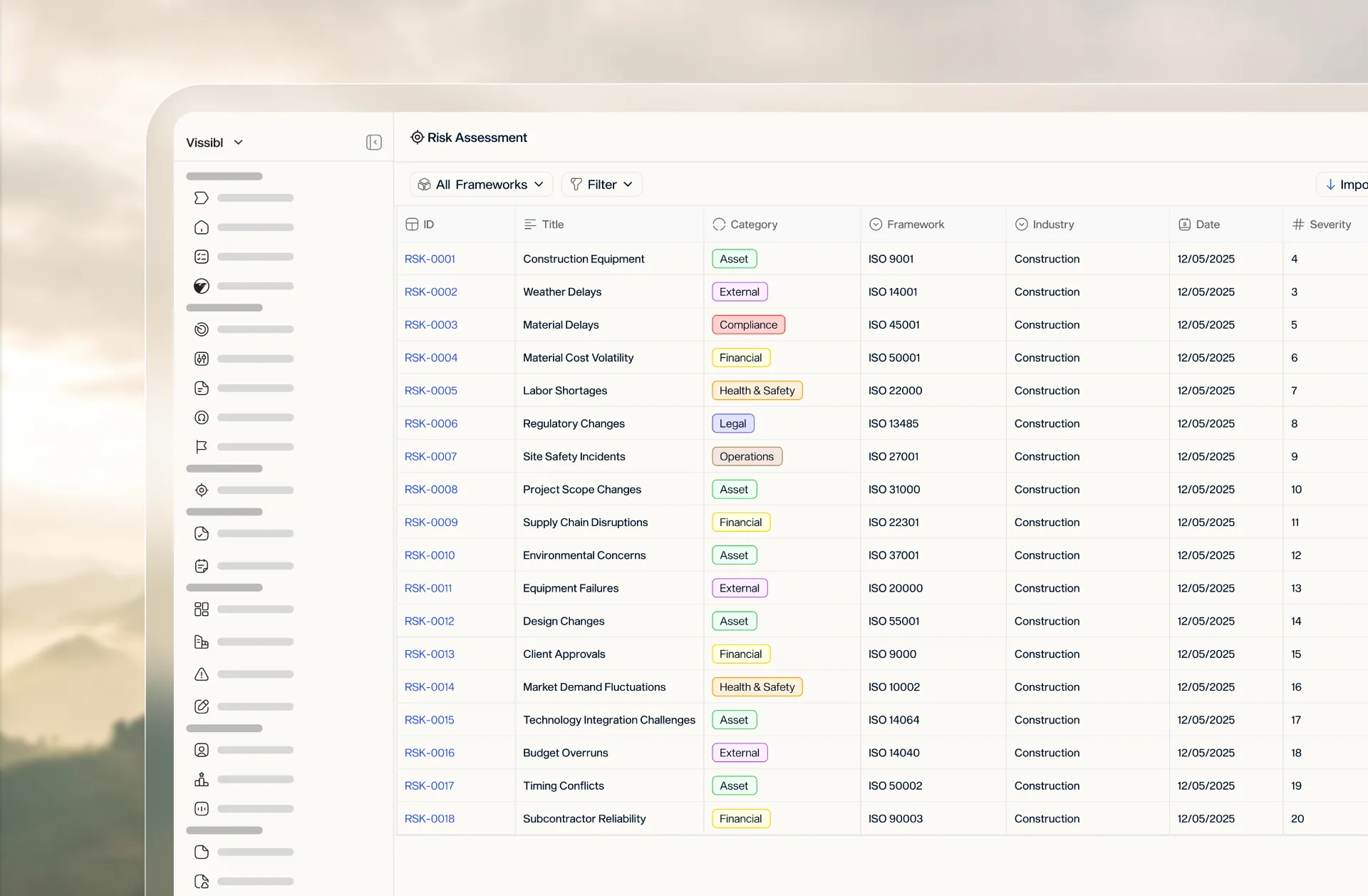 Vissibl live risk register interface